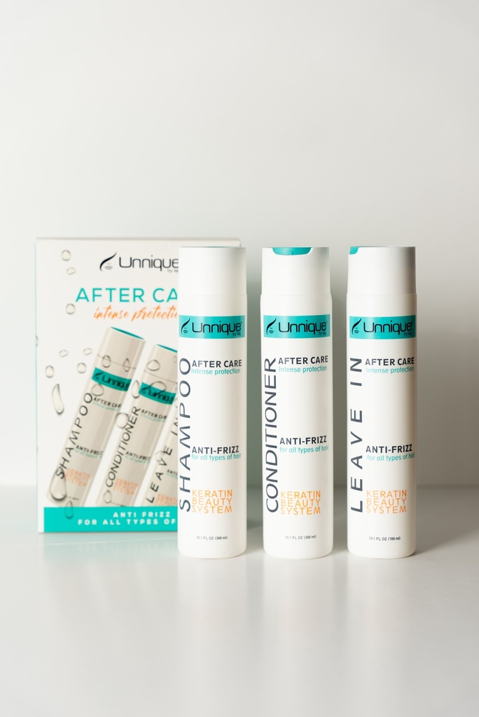 KIT DE MANTENIMIENTO AFTER CARE (SHAMPOO, ACONDICIONADOR , LEAVE IN CREAM) 10OZ CADA UNO UNNIQUE BY LAG